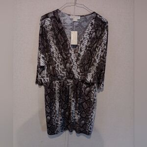 Michael Kors Plus Size 1X Snake Print Cross-Over Dress 3/4 Sleeve Brown /White